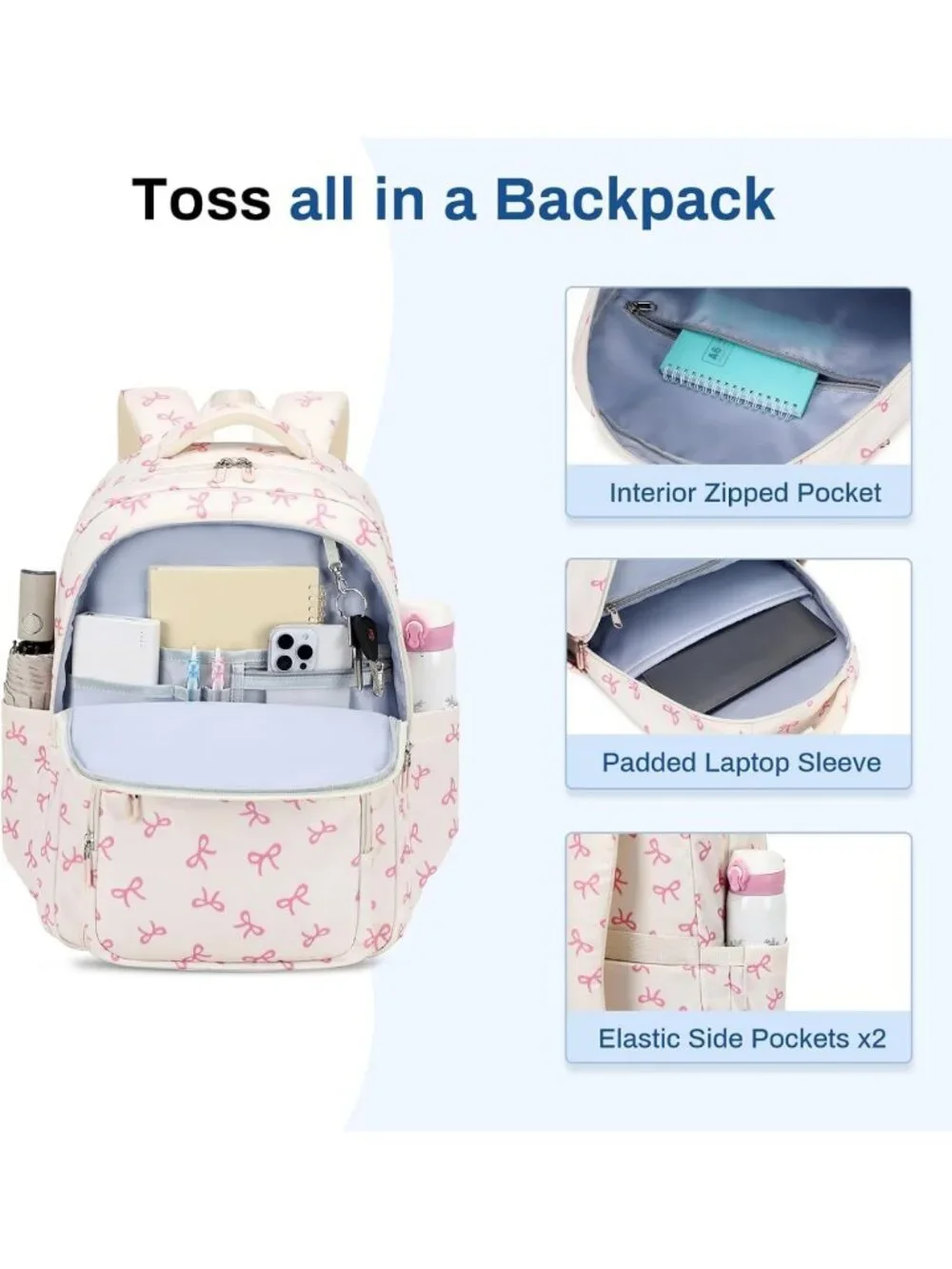 Lightweight Girls Backpack, Multi-Pocket College Bookbag, Travel Backpack, Beige